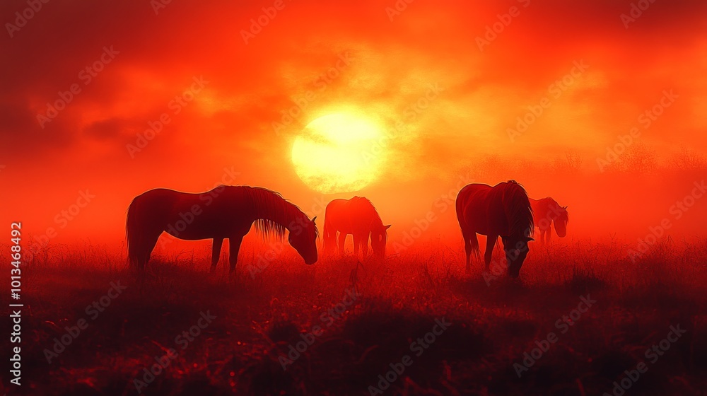 Horses grazing in a misty field at sunrise, with the fog and orange glow creating a dreamlike atmosphere.. Horses grazing in a misty field at sunrise, with the fog and orange glow creating a dreamlike atmosphere..