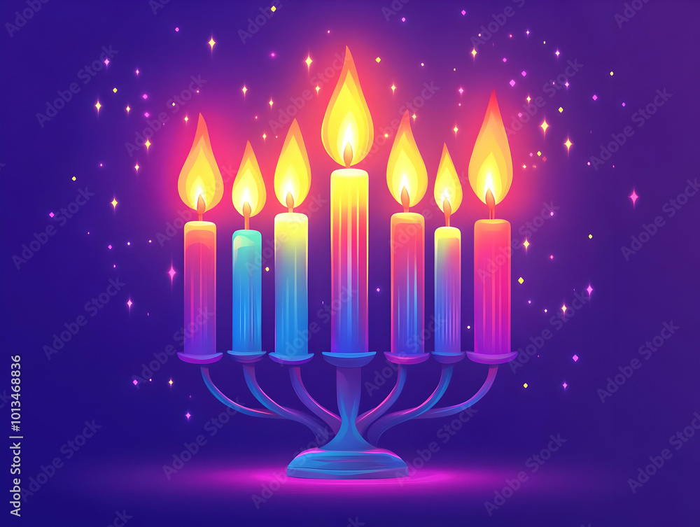Vibrant Flat Glowing Menorah with Candles - Abstract Digital Art for Hanukkah Advertisements, Emphasizing Festive Atmosphere and Warmth Vibrant Flat Glowing Menorah with Candles - Abstract Digital Art for Hanukkah Advertisements, Emphasizing Festive Atmosphere and Warmth