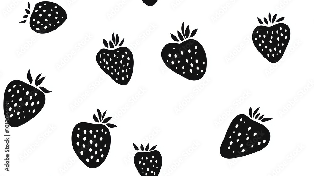 Seamless black strawberry pattern resembling polka dots on a white background, ideal for playful designs, textiles, or digital backgrounds.. Seamless black strawberry pattern resembling polka dots on a white background, ideal for playful designs, textiles, or digital backgrounds..