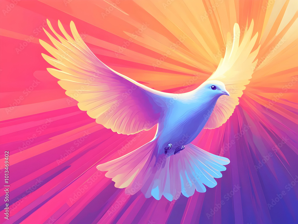 Fototapeta premium Flat Digital Glowing Peace Dove with Abstract Light Rays - Symbolizing Hope and Peace for Human Rights Day in Vibrant Colors