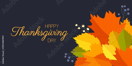 Happy Thanksgiving day text with autumn leaves on a dark background. Vector banner.	