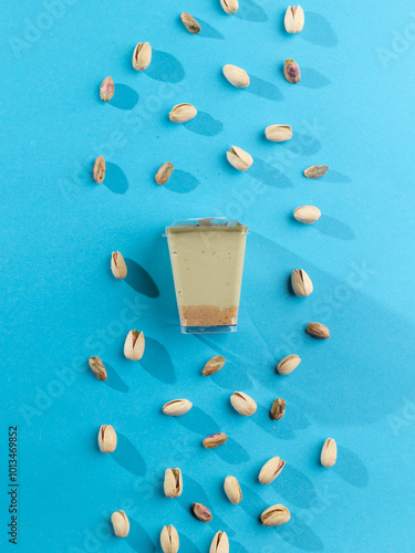 cake in a plastic cup on a blue background 