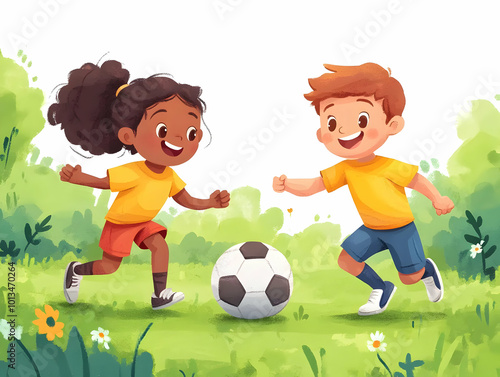 Flat Candid Vector Illustration of Diverse Children Playing Soccer in a Park - Celebrating Cultural Unity, Equality, and Friendship for Human Rights Day