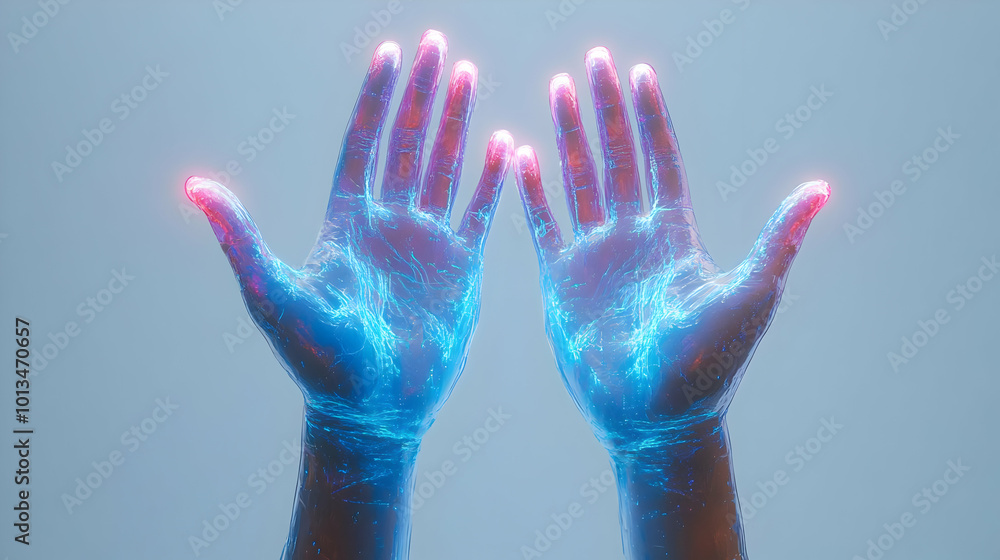 3D Holographic Raised Hands with Glowing Human Rights Icons - Isolated White Background with Copy Space for Text or Graphics 3D Holographic Raised Hands with Glowing Human Rights Icons - Isolated White Background with Copy Space for Text or Graphics