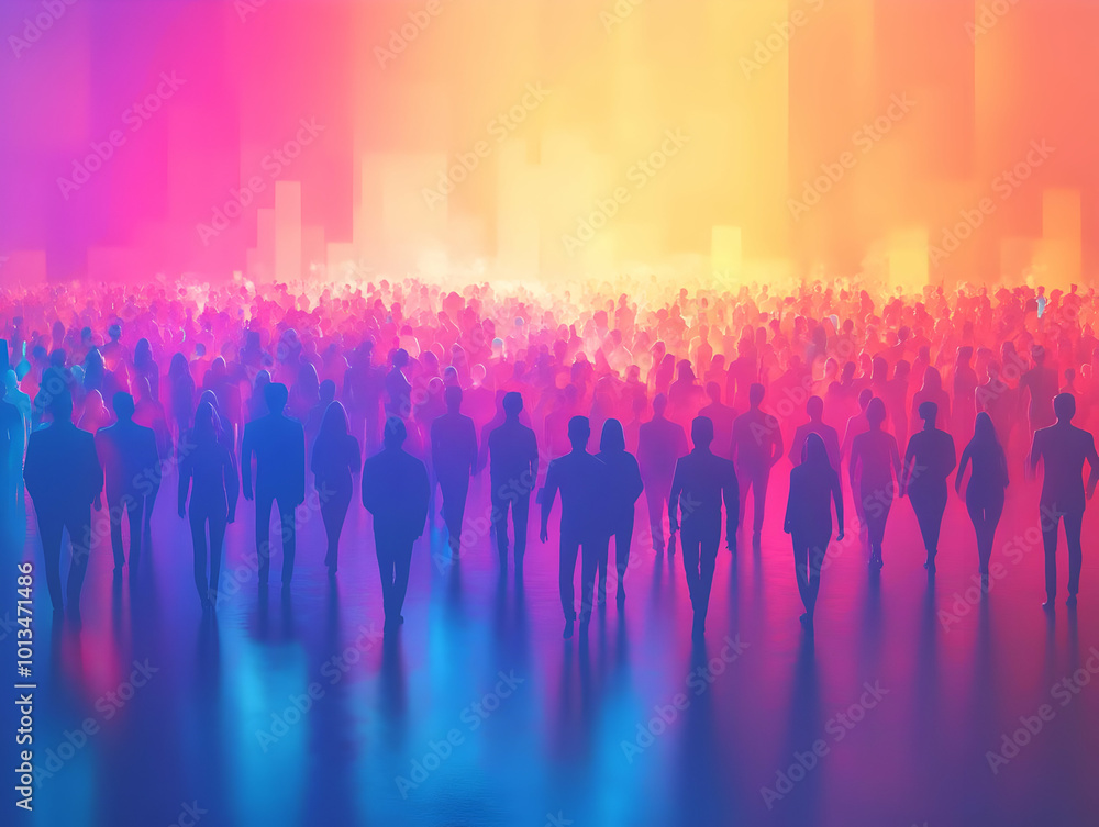 Flat Glowing Digital Abstract Crowd of Diverse Human Figures Celebrating Human Rights Day - Vibrant Vector Illustration Symbolizing Community and Equality Flat Glowing Digital Abstract Crowd of Diverse Human Figures Celebrating Human Rights Day - Vibrant Vector Illustration Symbolizing Community and Equality