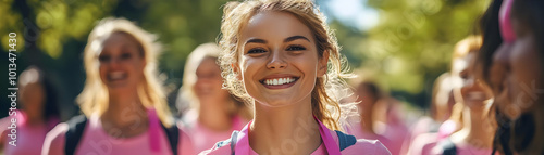 Joyful Breast Cancer Survivors Triumph Walk in Park: Empowering Candid Moment of Strength and Camaraderie with Pink Ribbons