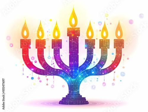 Futuristic Hanukkah Menorah Flame: Flat Macro Illustration with Holographic Glow Blending Tradition and High-Tech Design