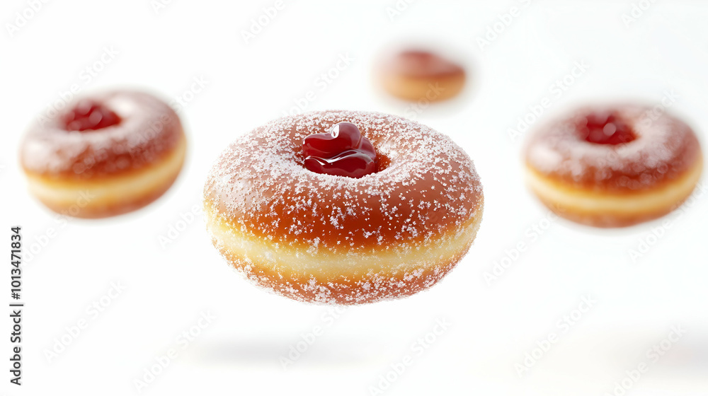 3D Flying Hanukkah Donuts with Jelly Filling Isolated on White Background - Whimsical Food Concept Defying Gravity 3D Flying Hanukkah Donuts with Jelly Filling Isolated on White Background - Whimsical Food Concept Defying Gravity