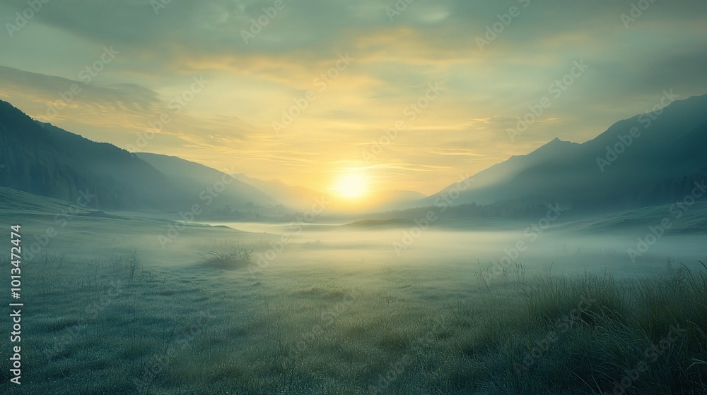Serene Landscape at Dawn with Misty Mountains and Sun Serene Landscape at Dawn with Misty Mountains and Sun