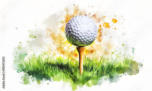 Golf ball with splashes of watercolor paint on a green background design