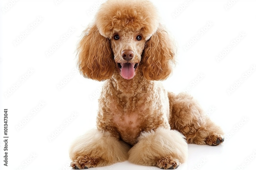 A stunning poodle sits proudly with its luxurious curly coat, exuding elegance and poise against a bright white backdrop, capturing attention effortlessly. A stunning poodle sits proudly with its luxurious curly coat, exuding elegance and poise against a bright white backdrop, capturing attention effortlessly.