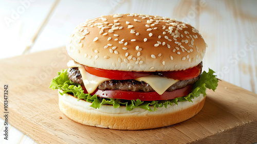 Delicious hamburger isolated on pure white background