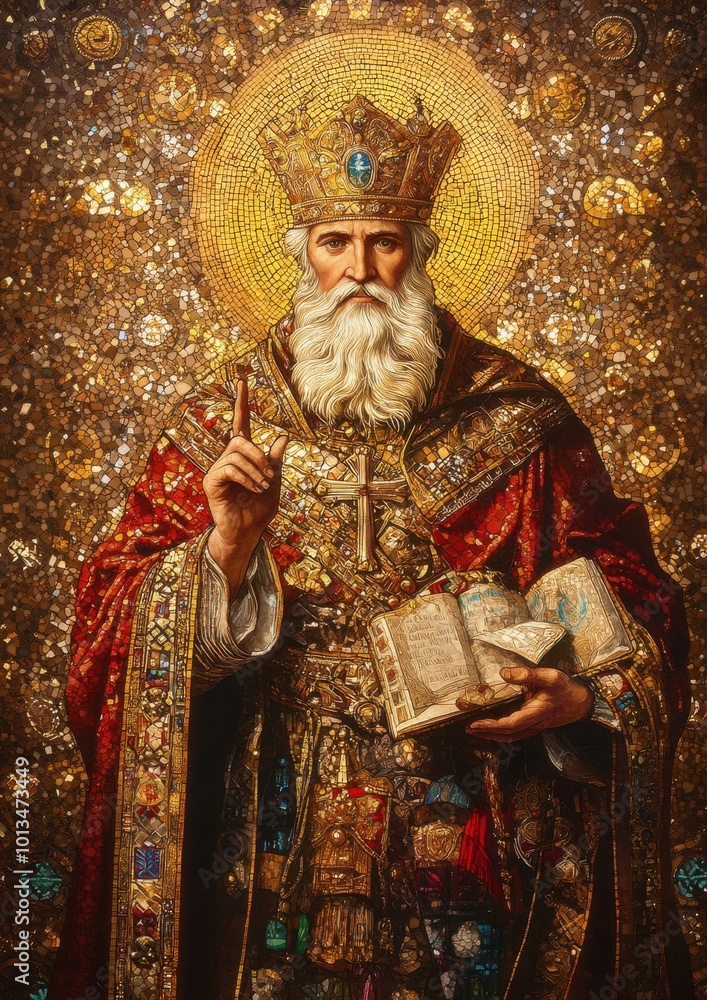 Fototapeta premium Beautiful stained glass artwork of Saint Nicholas, featuring a radiant halo, richly detailed robes, and a blessing gesture, symbolizing holiness and devotion.