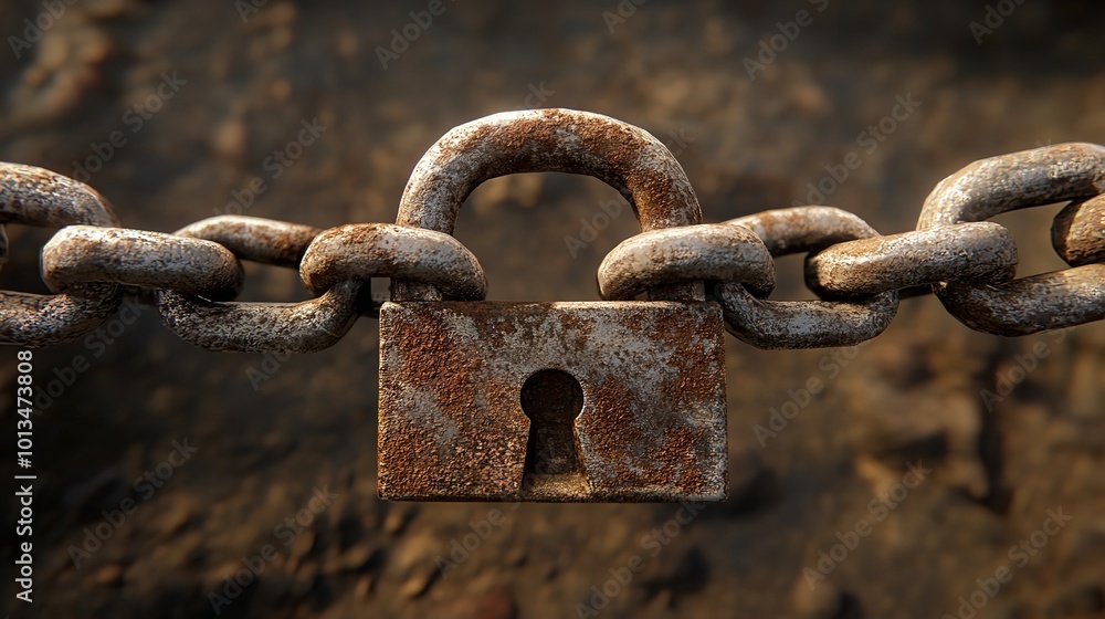 An old rusted metal chain with a padlock. An old rusted metal chain with a padlock.