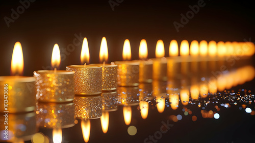 Elegant 3D Glossy Hanukkah Candles on Mirrored Surface with Reflection - Dark Background Decor Concept with Copy Space