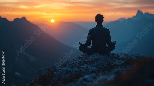 A person meditating on a rock at sunset, surrounded by mountains and nature's beauty.