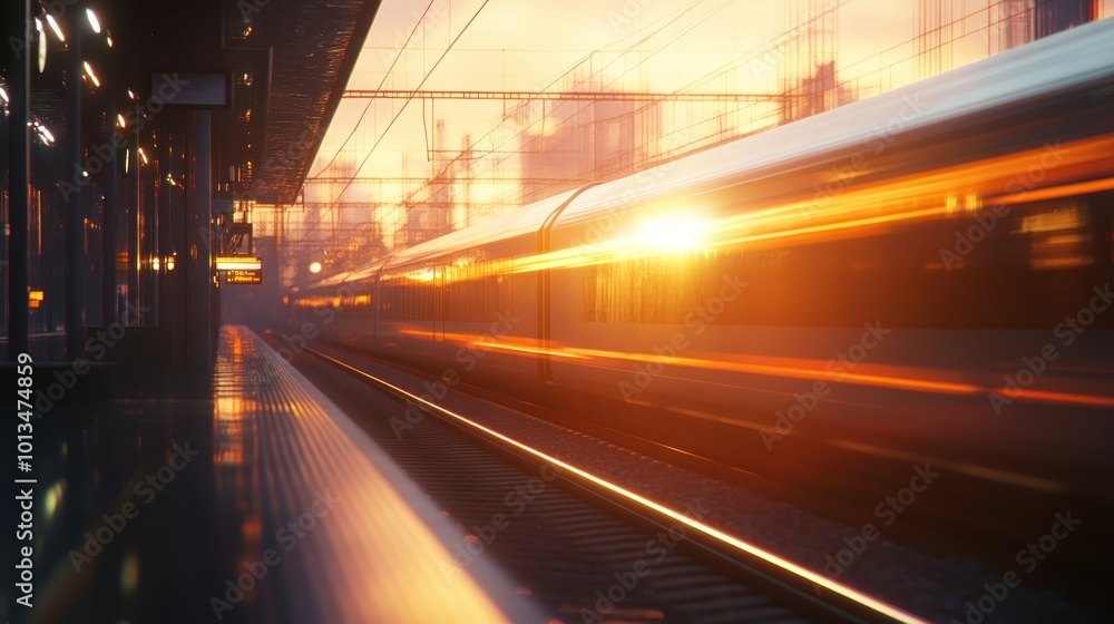 A train speeds past a platform at sunset, creating a dynamic and vibrant scene. A train speeds past a platform at sunset, creating a dynamic and vibrant scene.