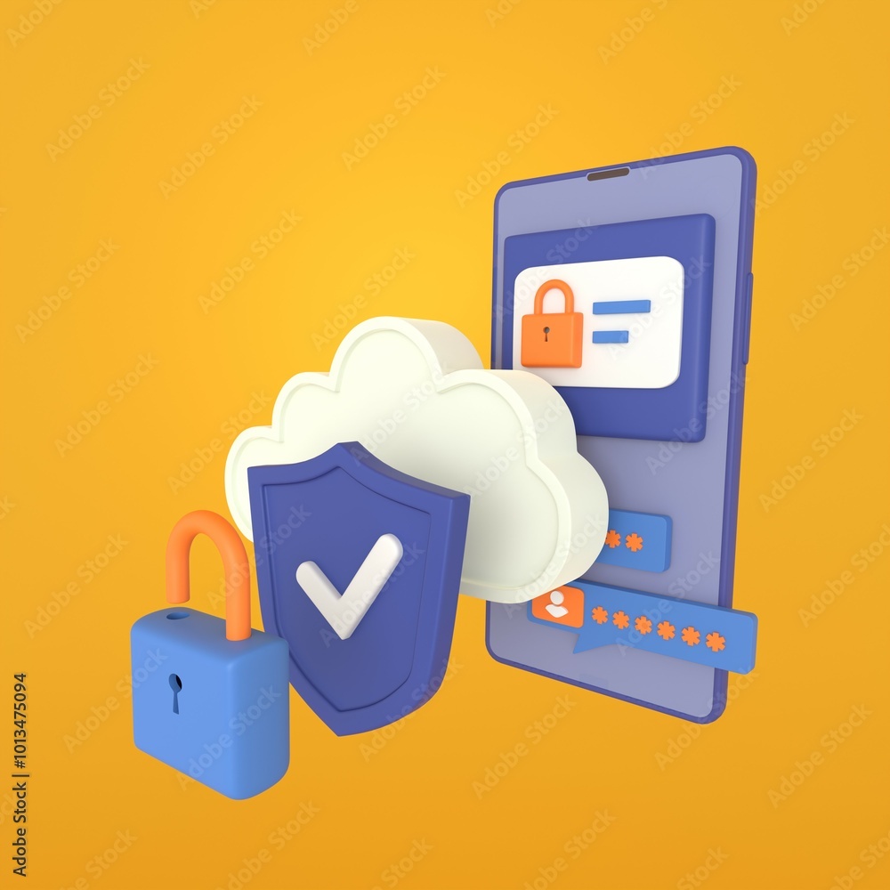 Internet security, 3D icon of the phone with a lock and cloud on a yellow background. Rules of cyber hygiene in the smartphone. Protection of private data. Safety online communication. Internet security, 3D icon of the phone with a lock and cloud on a yellow background. Rules of cyber hygiene in the smartphone. Protection of private data. Safety online communication.