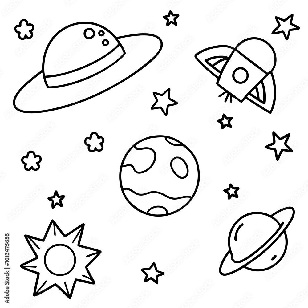 Fototapeta premium space objects in doodle style outline coloring book page line art drawing