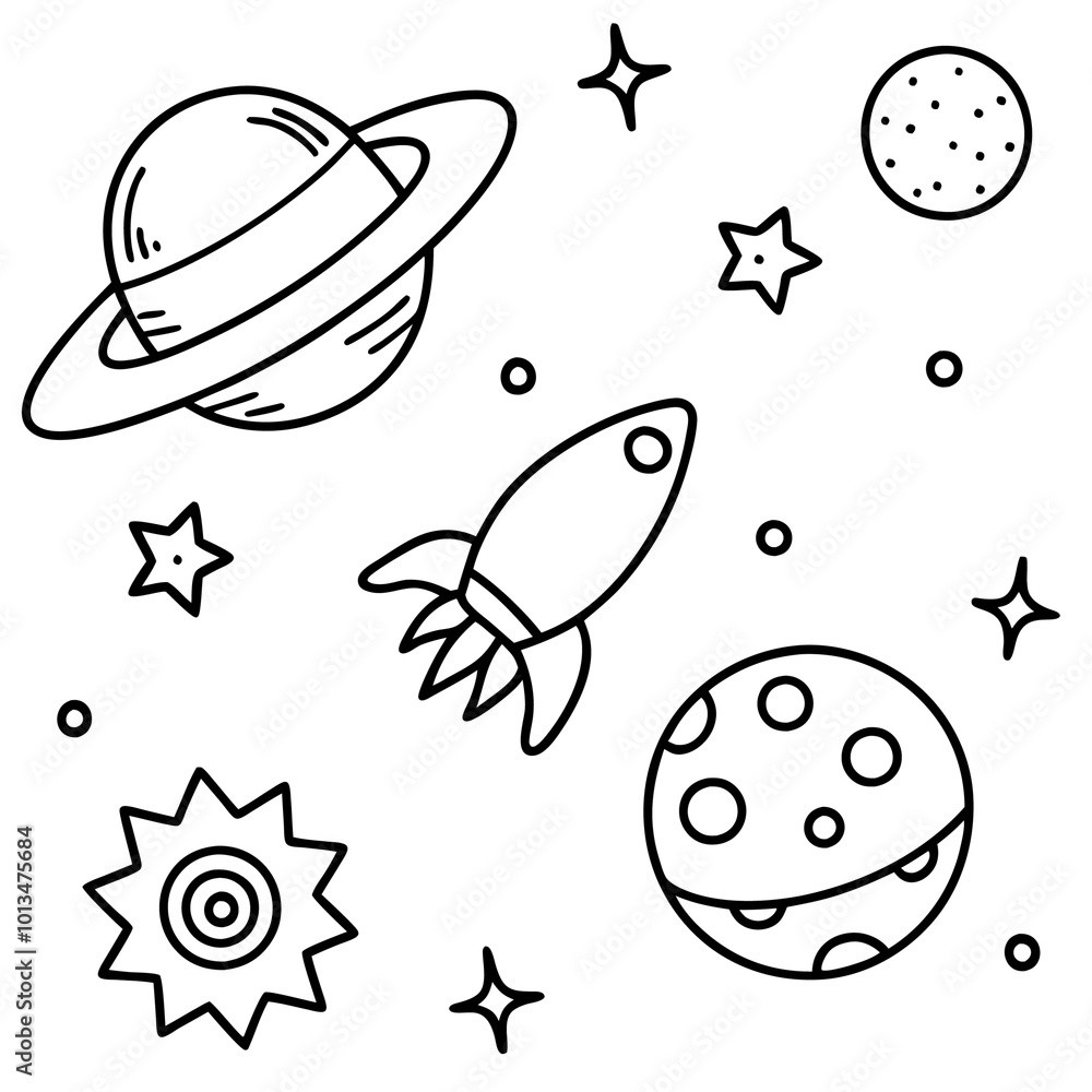 space objects in doodle style outline coloring book page line art drawing space objects in doodle style outline coloring book page line art drawing