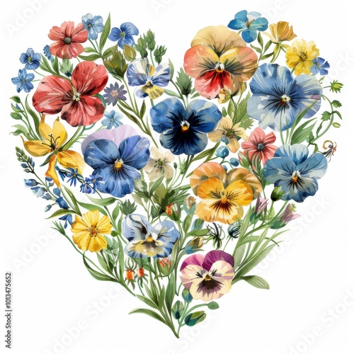 Colorful Watercolor Spring Flowers in Heart Shape