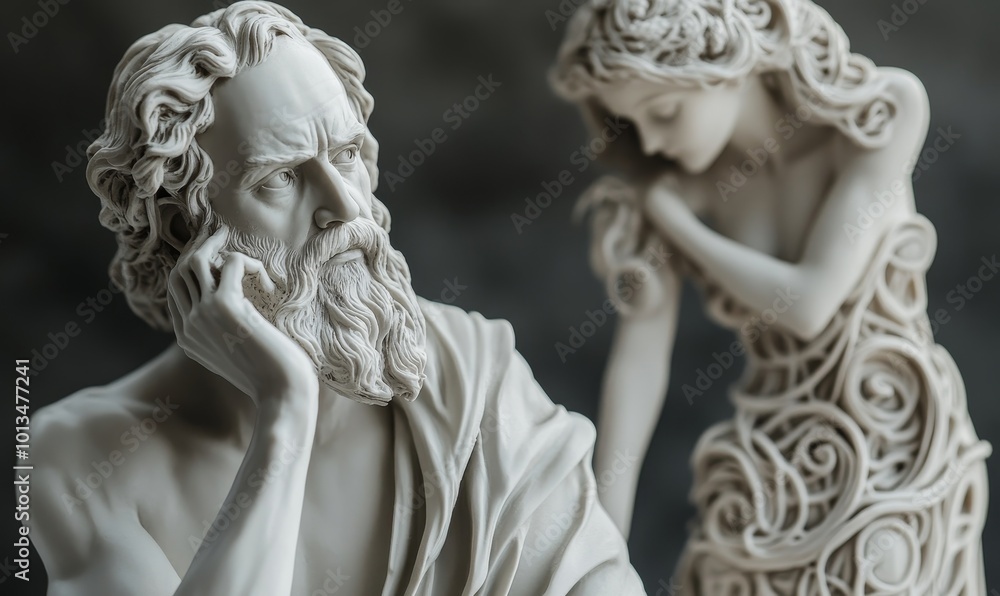 Two white marble statues, one man and one woman. Two white marble statues, one man and one woman.