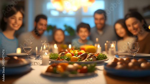 3D Family Laughing and Enjoying a Hanukkah Meal Together - Candid Dining Moment Capturing Holiday Warmth and Connection photo