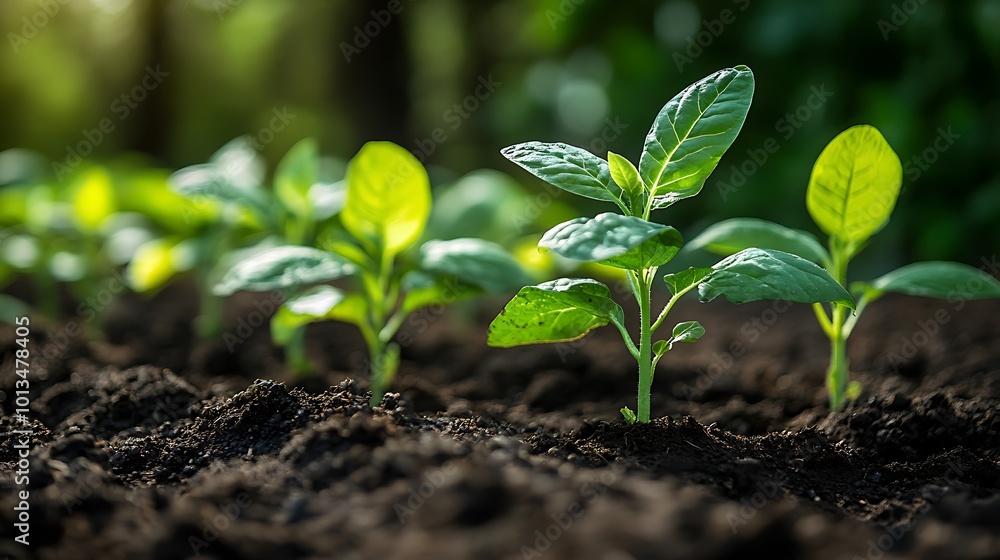 Close-up of young green plant sprouts growing in rich dark soil, sunlight shines through the leaves. Close-up of young green plant sprouts growing in rich dark soil, sunlight shines through the leaves.