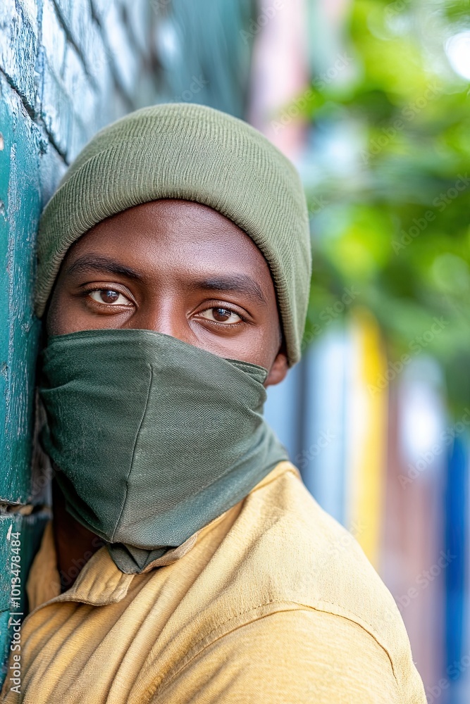 A Militant Pacifist Wearing a Green Beanie and Mask Stands Against a Colorful Urban Wall in Daylight A Militant Pacifist Wearing a Green Beanie and Mask Stands Against a Colorful Urban Wall in Daylight