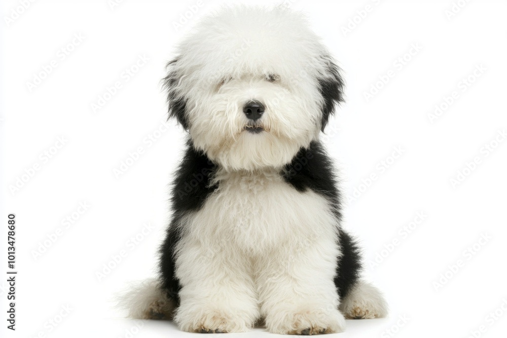 An adorable Old English Sheepdog sits quietly, its fluffy coat obscuring its eyes, creating a playful yet endearing presence in a minimalist setting. An adorable Old English Sheepdog sits quietly, its fluffy coat obscuring its eyes, creating a playful yet endearing presence in a minimalist setting.