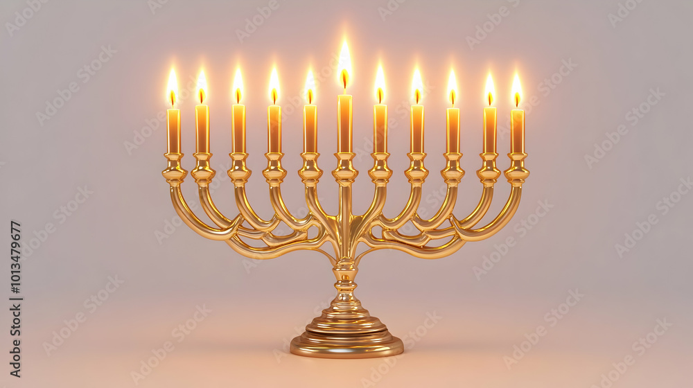 Fototapeta premium 3D Isolated Menorah with Glowing Candles on White Background - Ideal for Infographics and Educational Materials on Hanukkah Traditions