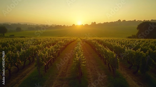 Rows of grapevines in a vineyard at sunrise, with a hazy view of the distant hills.