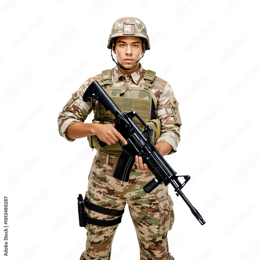 Serious Young Male Soldier in Combat Uniform and Helmet Holds a Rifle. Soldier in Camouflage Isolated on Transparent Background. PNG. Serious Young Male Soldier in Combat Uniform and Helmet Holds a Rifle. Soldier in Camouflage Isolated on Transparent Background. PNG.