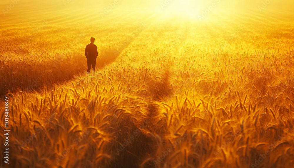 Fototapeta premium Photograph individuals standing in vast wheat fields during sunset, using the golden light and tall wheat stalks to create a warm, immersive atmosphere