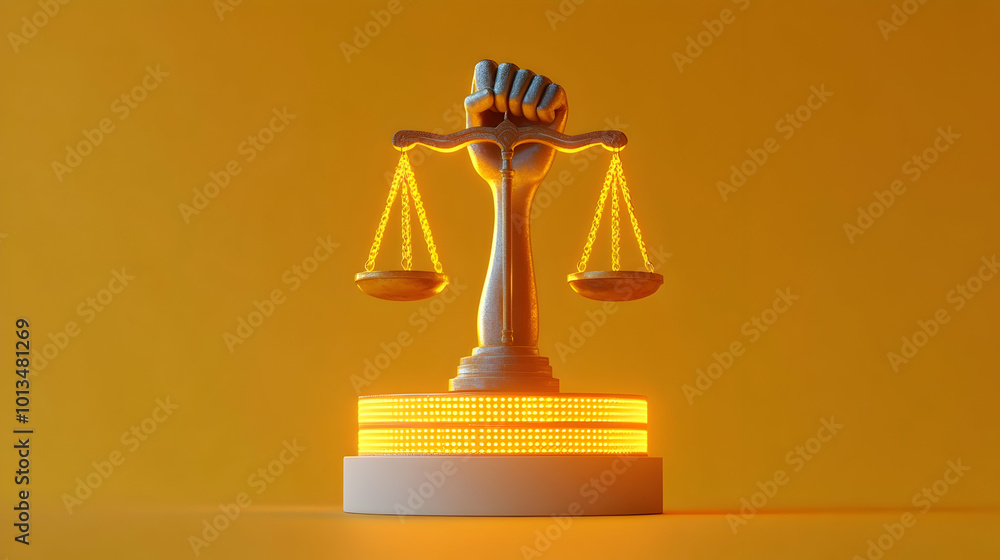 3D Podium with Raised Fist and Scales of Justice for Human Rights Day - Activism and Fairness Concept with Copy Space, Isolated on White Background 3D Podium with Raised Fist and Scales of Justice for Human Rights Day - Activism and Fairness Concept with Copy Space, Isolated on White Background