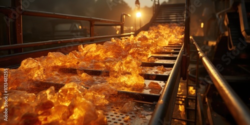 Molten metal cascading down an industrial conveyor belt, glowing orange and reflecting the light of the setting sun