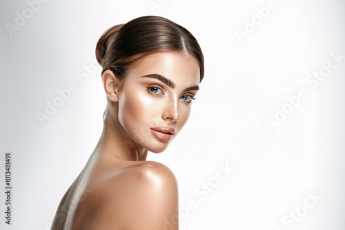 Woman with Smooth Glowing Skin in a Portrait Setting on white background, Isolated on a white background.