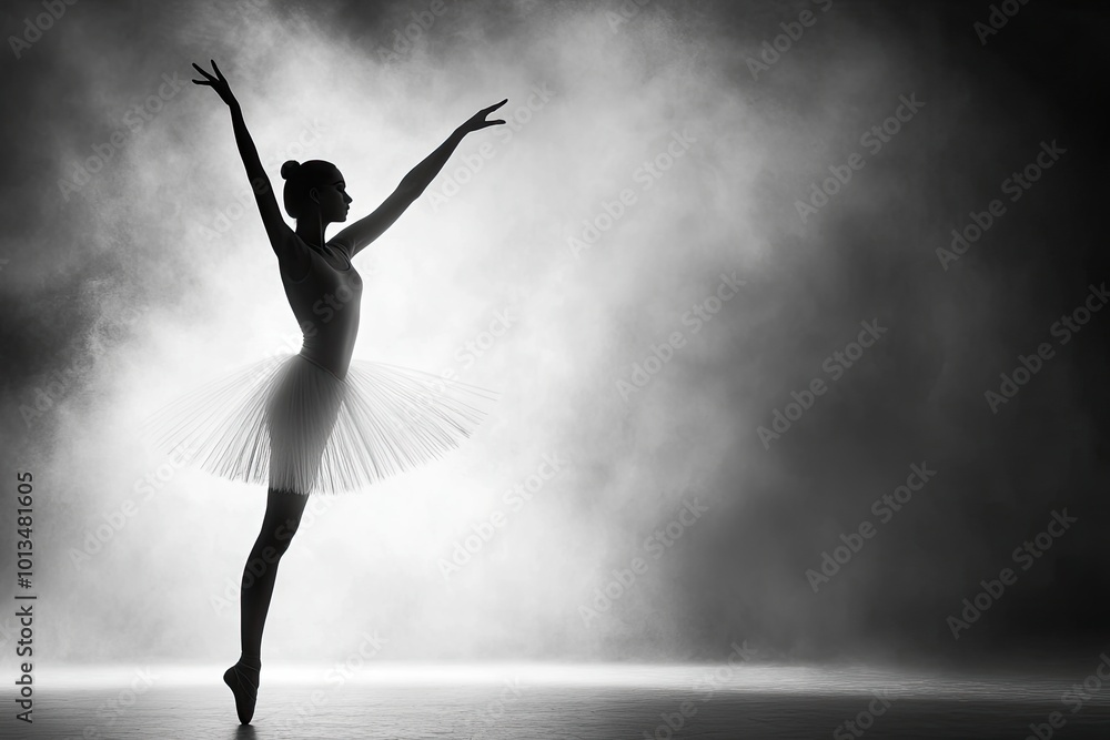 A Silhouette of a Dancer Performing Gracefully on Stage in a Dramatic Smoky Atmosphere A Silhouette of a Dancer Performing Gracefully on Stage in a Dramatic Smoky Atmosphere
