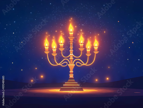 Flat Border Frame Design with Glowing Menorah and Floating Star of David for Hanukkah � Ample Copy Space, Medium Shot Focus on Sacred Symbols