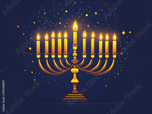 Flat Glossy Hanukkah Menorah with Glowing Candles on Dark Background - Ample Copy Space for Promotions | Elegant Modern Design