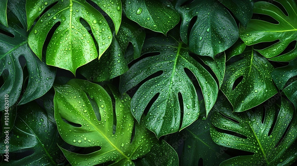 Fototapeta premium Lush Green Leaves with Water Droplets