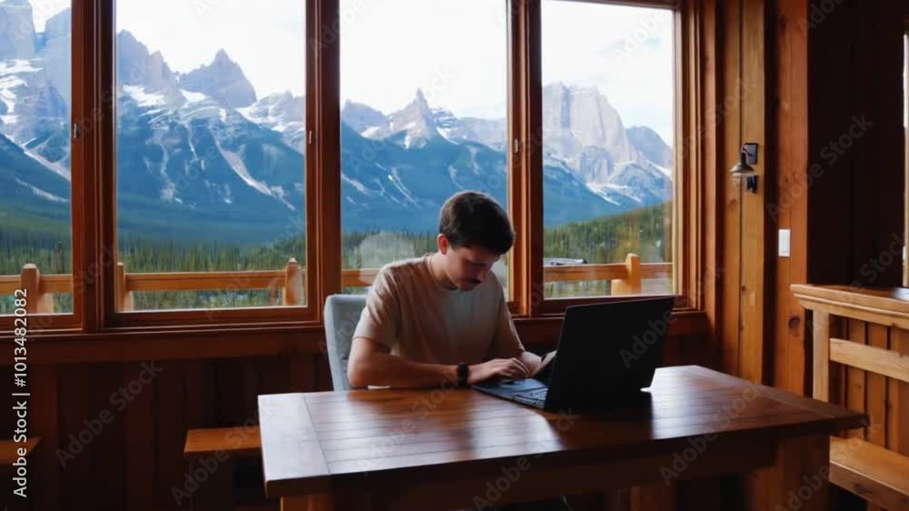 A digital nomad working from a mountain lodge in the Rockies. A digital nomad working from a mountain lodge in the Rockies.