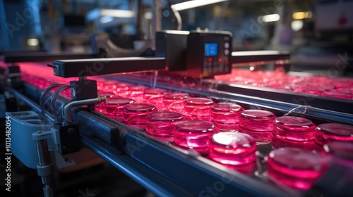 Automated Production Line with Row of Shiny Pink Objects on Conveyor Belt