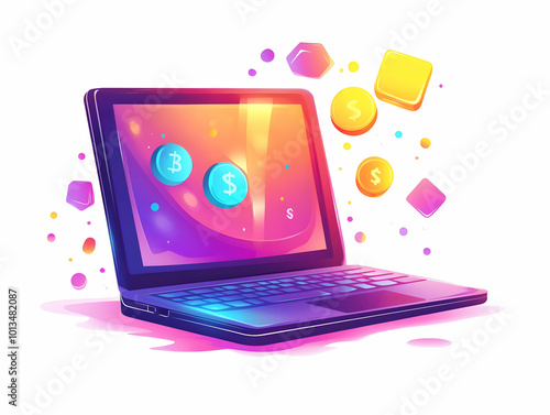 Wallpaper Mural Modern Flat Glossy Laptop Displaying Holographic Dreidel and Hanukkah Gelt on White Background � Perfect for Holiday Ecommerce Campaigns and Festive Designs Torontodigital.ca