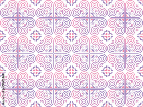 The design of the pattern imitates the ethnic embroidery of the Hmong tribe. It has a unique pattern in purple, pink, and pastel tones for use in designing clothes, blankets, wallpaper, and tiles.