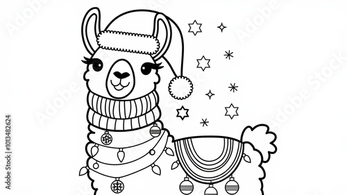 Cheerful Llama Dressed for the Holidays with Christmas Lights, Santa Hat, and Scarf - Perfect for Kids' Coloring Generative AI