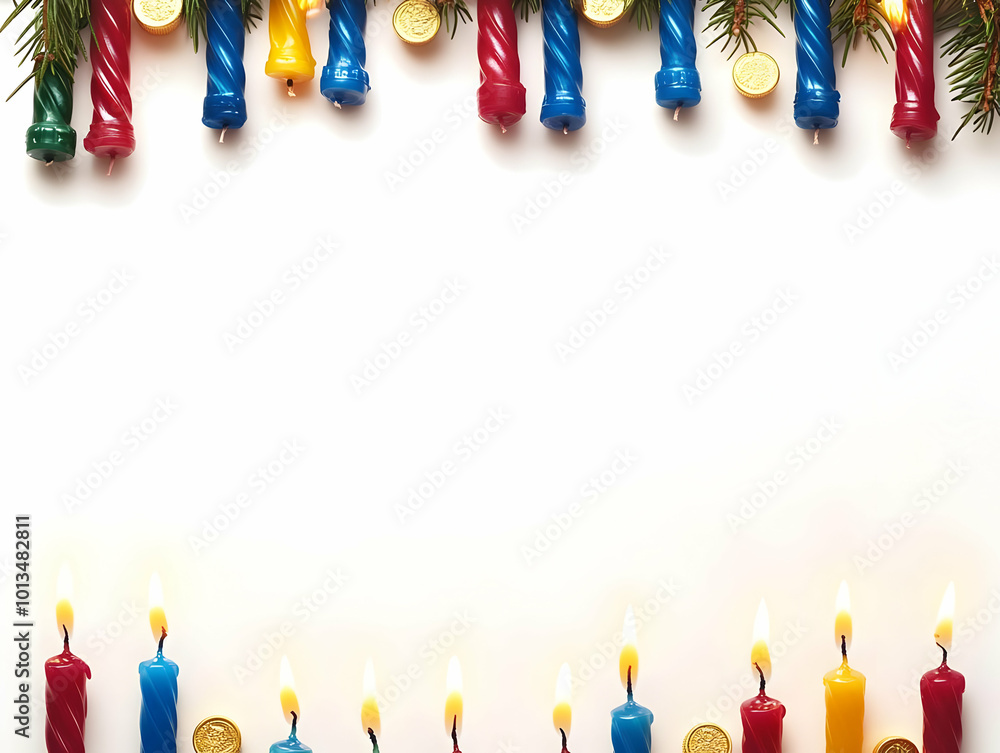 Flat Border Frame Design Featuring Hanukkah Candles and Gelt Coins in Corner Accents with White Copy Space for Modern Festive Celebrations Flat Border Frame Design Featuring Hanukkah Candles and Gelt Coins in Corner Accents with White Copy Space for Modern Festive Celebrations