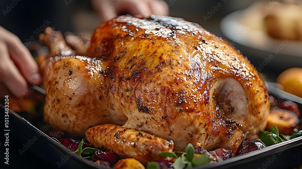 Close-up of hands carving a golden roasted turkey at a family Thanksgiving dinner Close-up of hands carving a golden roasted turkey at a family Thanksgiving dinner