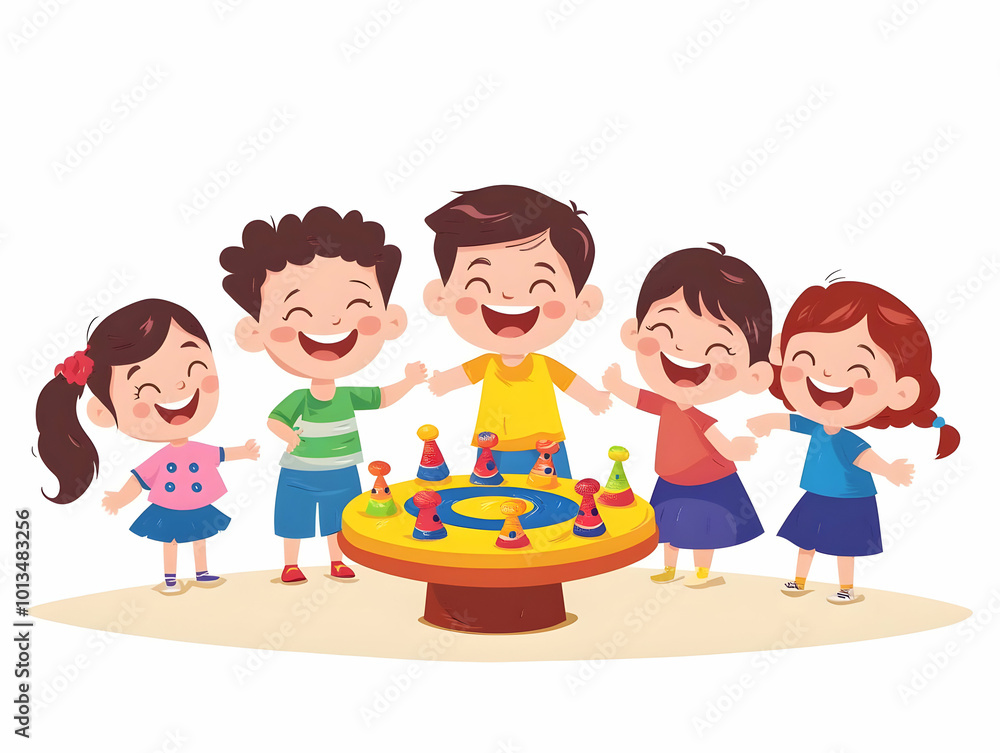 Flat Vector Illustration: Candid Moment of Joyful Children Spinning a Dreidel During Hanukkah Celebrations - Emphasizing Fun and Tradition Flat Vector Illustration: Candid Moment of Joyful Children Spinning a Dreidel During Hanukkah Celebrations - Emphasizing Fun and Tradition