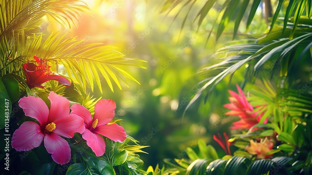Vibrant Tropical Flowers in Lush Greenery Vibrant Tropical Flowers in Lush Greenery